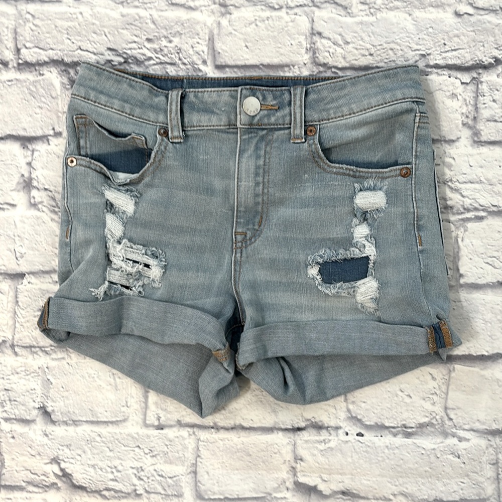 Aeropostale High Rise Midi Jean Shorts Cuffed Hem Distressed Light Wash Size 8